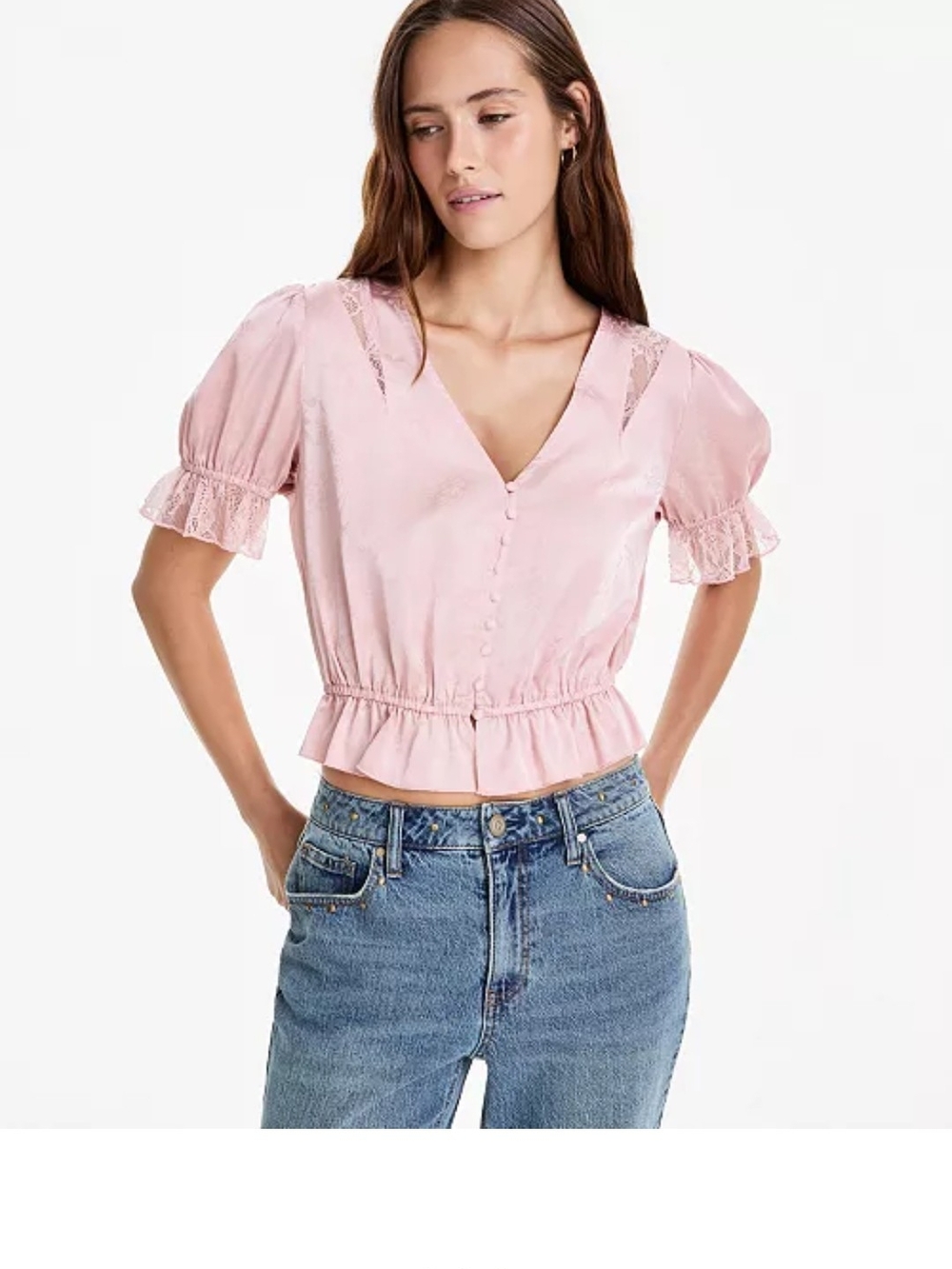 Pink V-Neck Lace Trim Short Sleeve Peplum Top